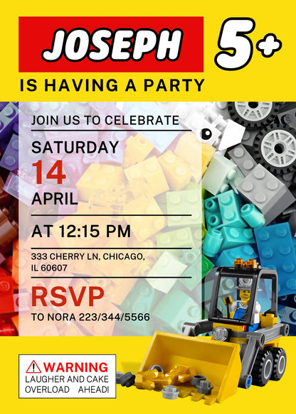 Lego Excavator customizable invitation template | Share or Print | boy | SL620