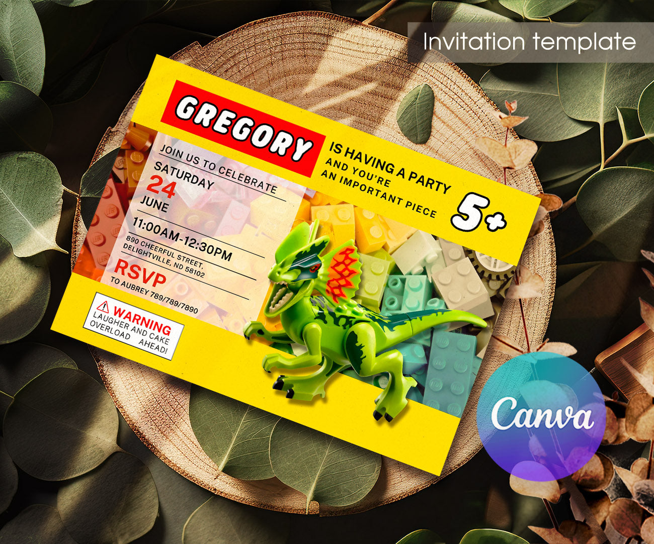 Lego Dinosaur T-Rex customizable invitation template | Share or Print | EK934