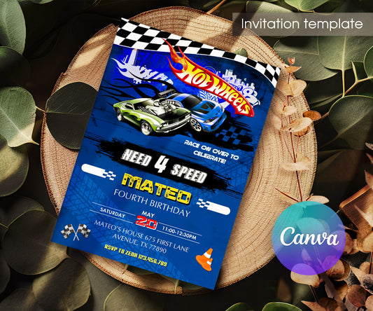 Hot Wheels Need Four Speed customizable invitation template | Share or Print | boy | PO697