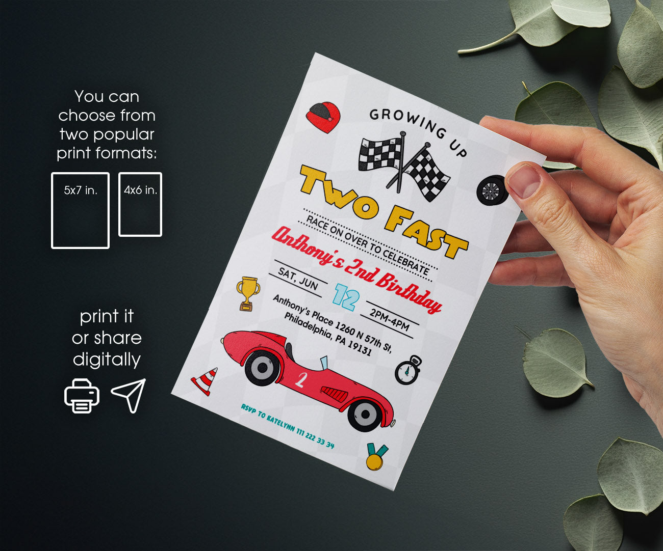 Race Car 2nd Bday Watercolor customizable invitation template | Share or Print | boy | XC604