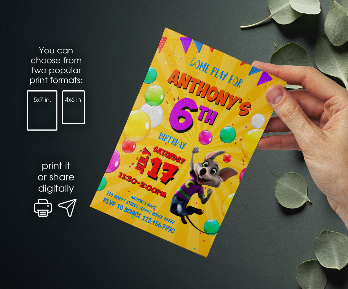 Chuck E. Cheese customizable invitation template | Share or Print | RS533