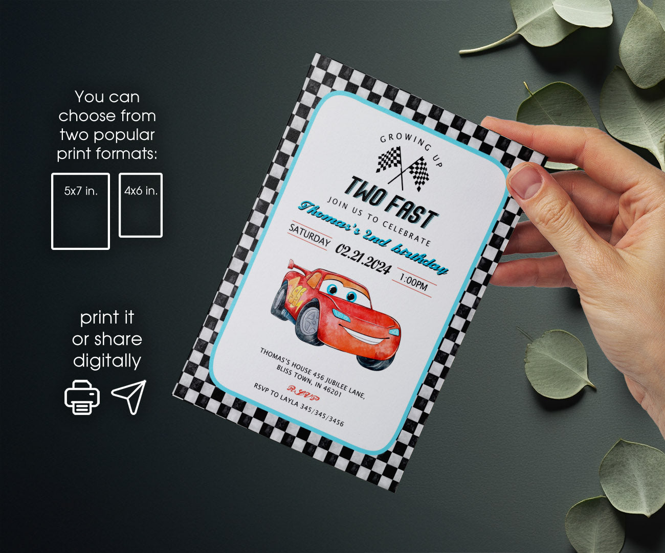 Cars Lightning Mcqueen Two customizable invitation template | Share or Print | boy | PO659