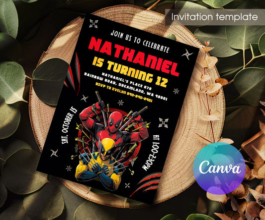 Deadpool Wolverine Marvel customizable invitation template | Share or Print | boy | UQ660