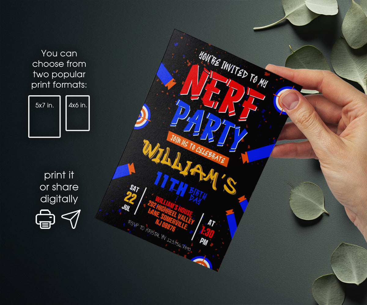 NERF Dart Wars customizable invitation template | Share or Print | boy | ZS870