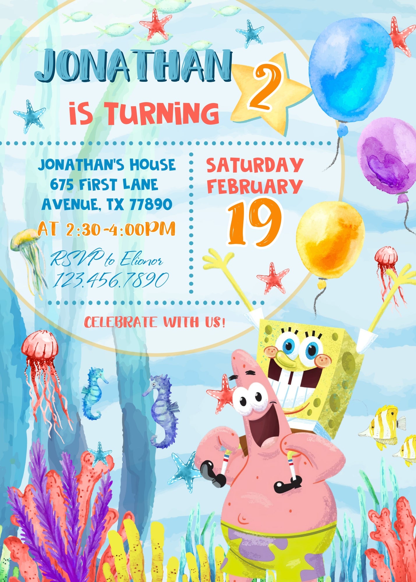 SpongeBob SquarePant customizable invitation template | Share or Print | OW678