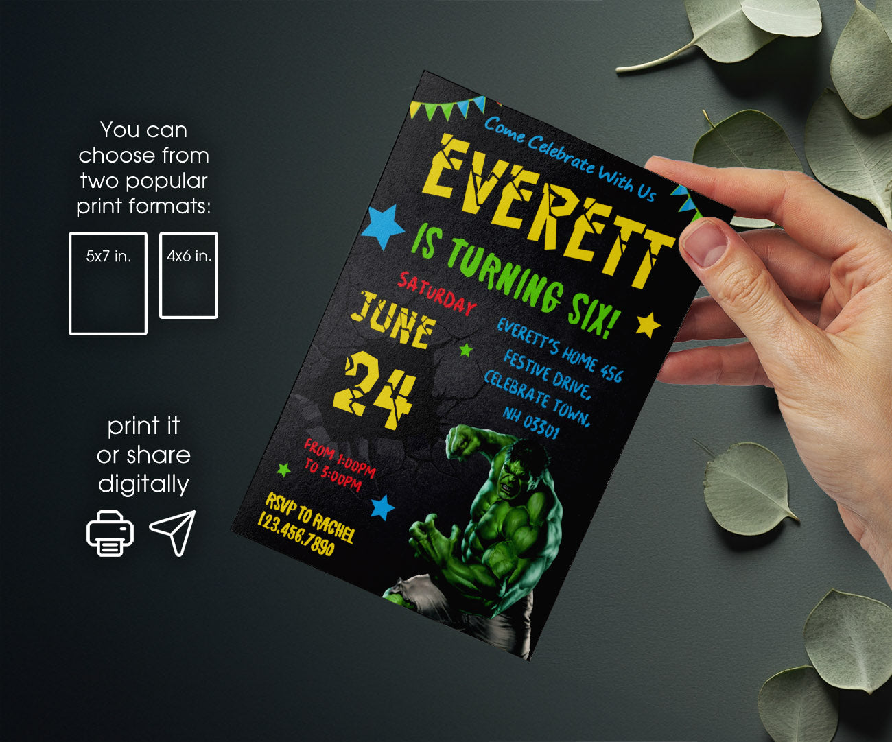 Hulk The Avengers Marvel Superhero customizable invitation template | Share or Print | boy | OL088
