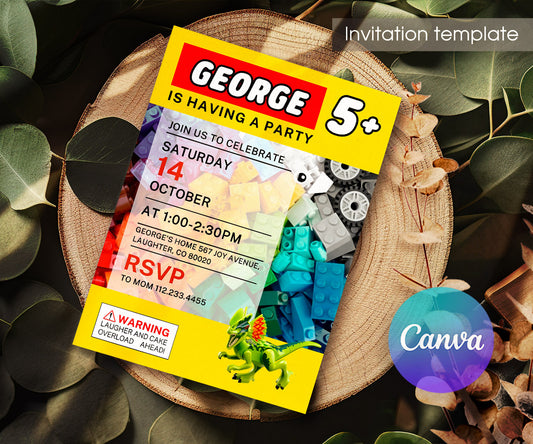 Lego Dinosaur T-Rex customizable invitation template | Share or Print | GA349