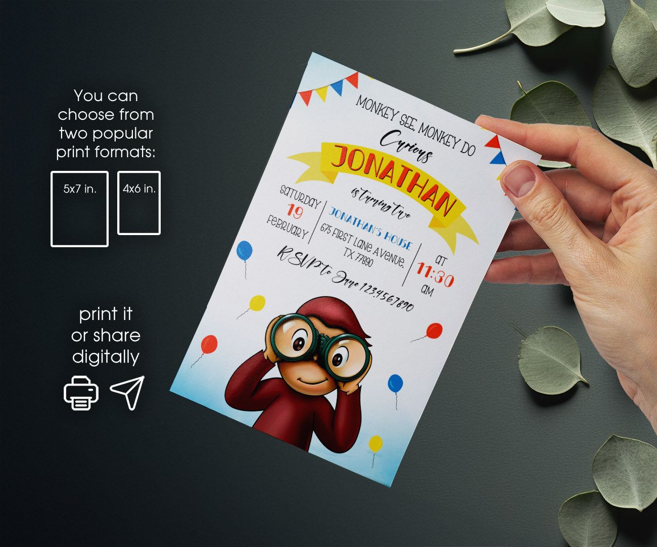 Curious George Monkey customizable invitation template | Share or Print | XX151