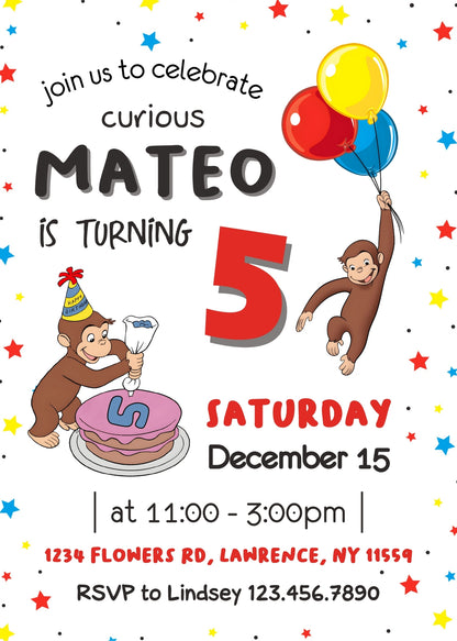 Curious George Monkey customizable invitation template | Share or Print | KM002