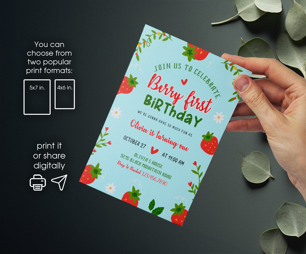 Berry First Birthday customizable invitation template | Share or Print | girl | IO017