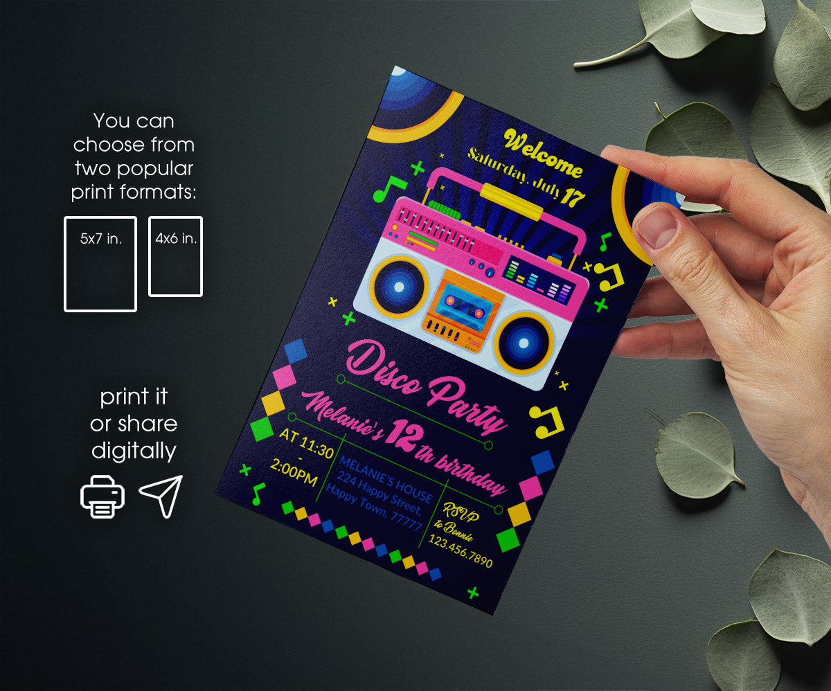 Disco Party 80th 90th customizable invitation template | Share or Print | AV231