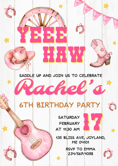 Cowgirl Pink Rodeo customizable invitation template | Share or Print | girl | QH754