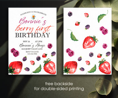 Berry First Birthday customizable invitation template | Share or Print | girl | SN041