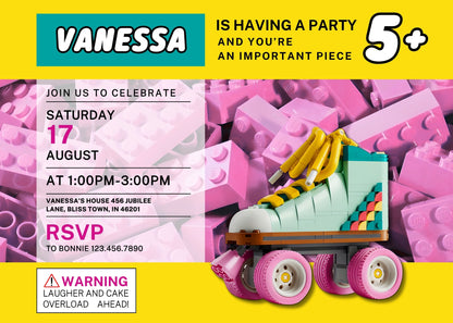 Lego Retro Roller Skate customizable invitation template | Share or Print | girl | KV160