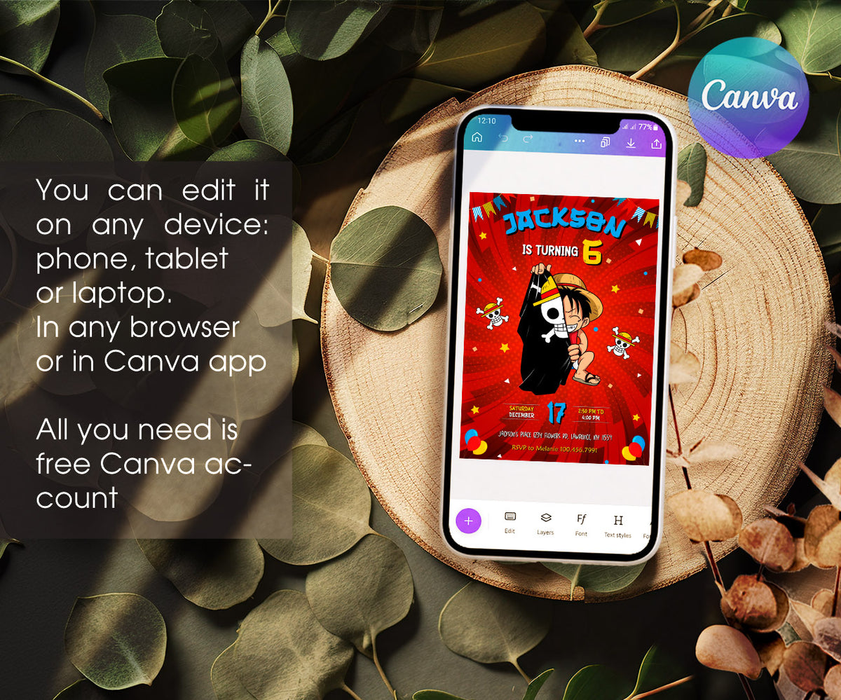 One Piece Monkey D.Luffy Anime customizable invitation template | Share or Print | AO197