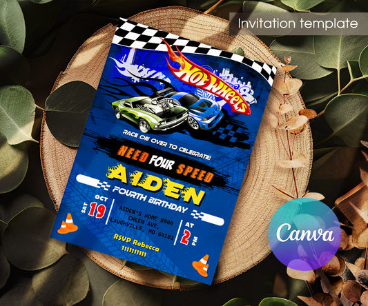 Hot Wheels Need Four Speed customizable invitation template | Share or Print | boy | BY006