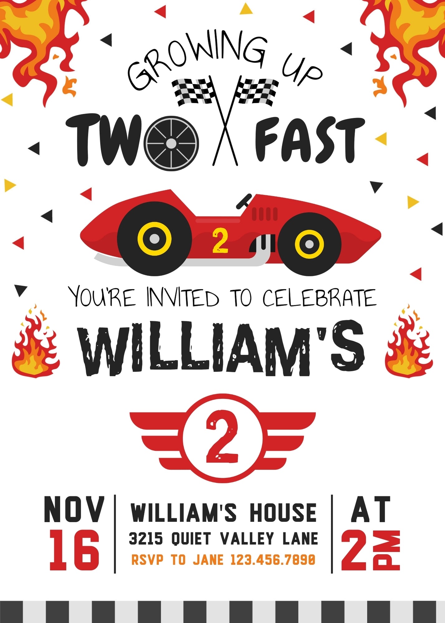 Race Car 2nd Bday Watercolor customizable invitation template | Share or Print | boy | TN151