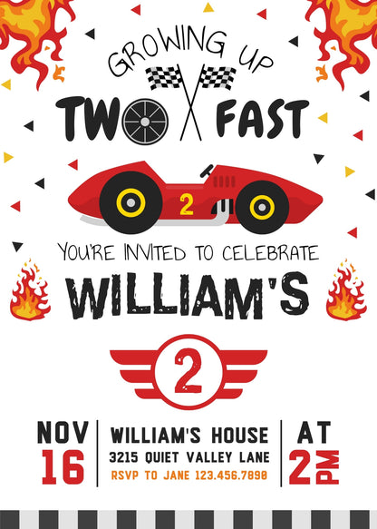 Race Car 2nd Bday Watercolor customizable invitation template | Share or Print | boy | TN151
