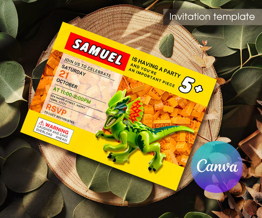 Lego Dinosaur T-Rex customizable invitation template | Share or Print | JU069
