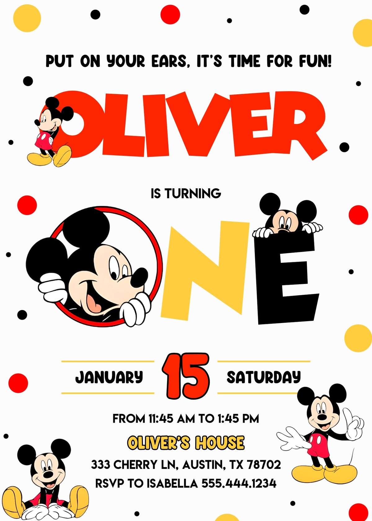 Mickey Mouse 1st Birthday customizable invitation template | Share or Print | OX761