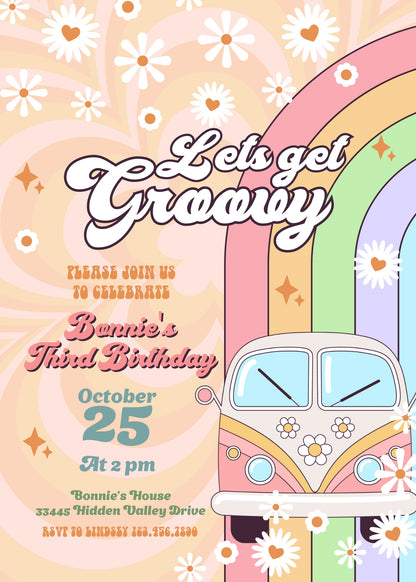 Groovy Retro Van customizable invitation template | Share or Print | UI678