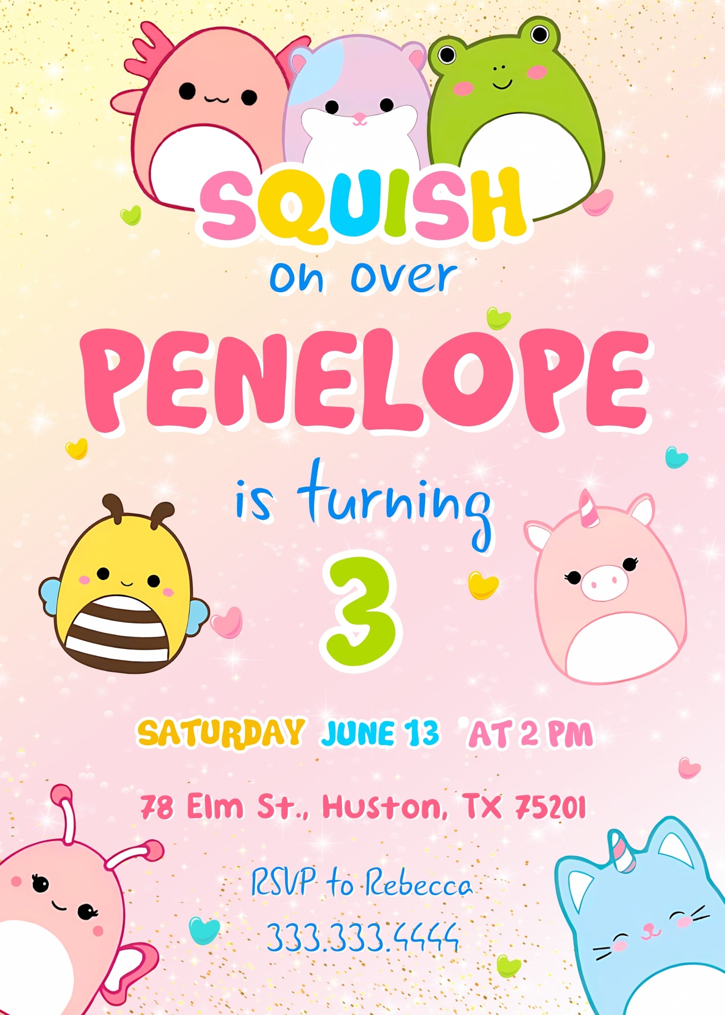 Squishmallows customizable invitation template | Share or Print | IY109