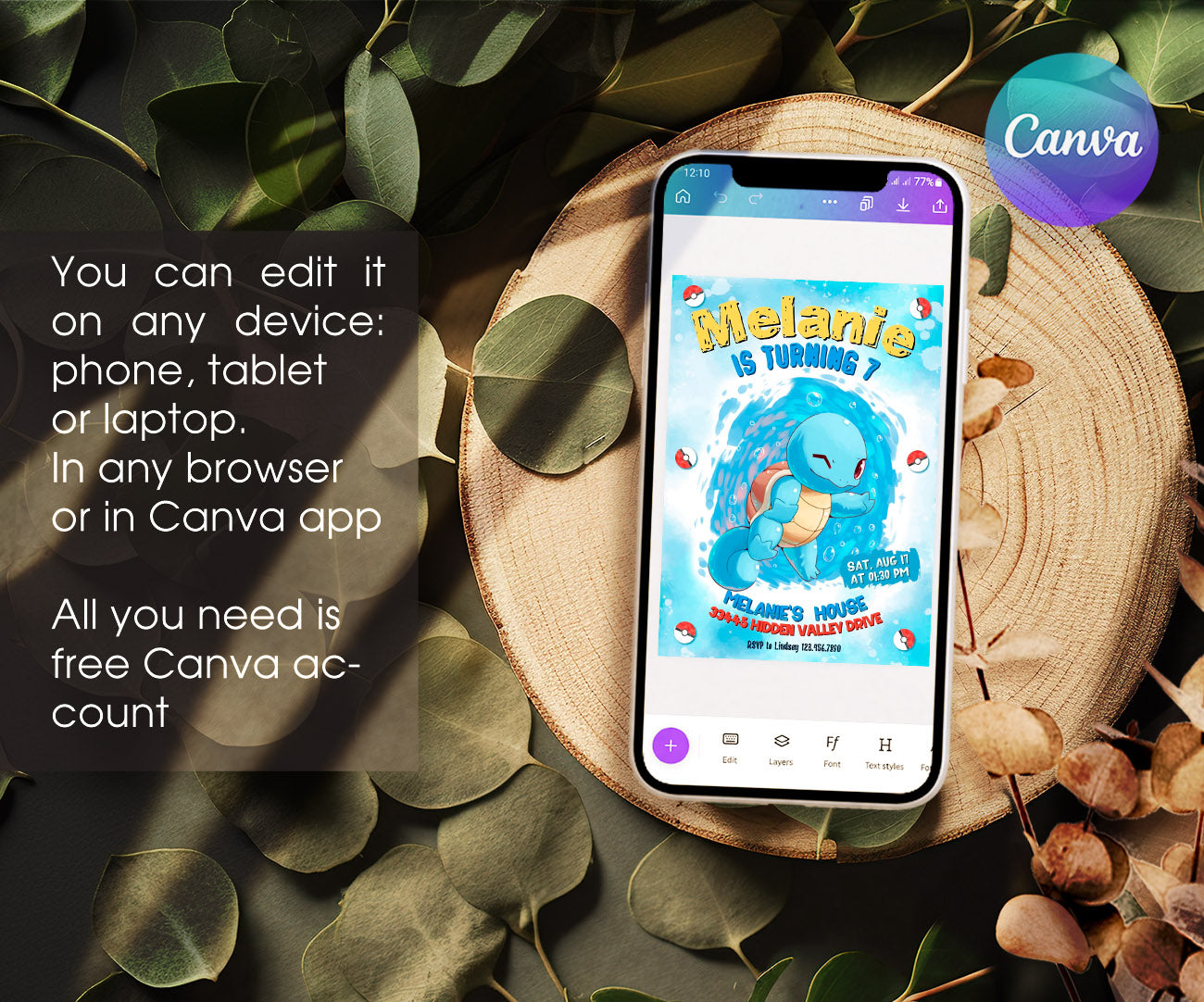 Squirtle Pokemon Anime customizable invitation template | Share or Print | XJ683