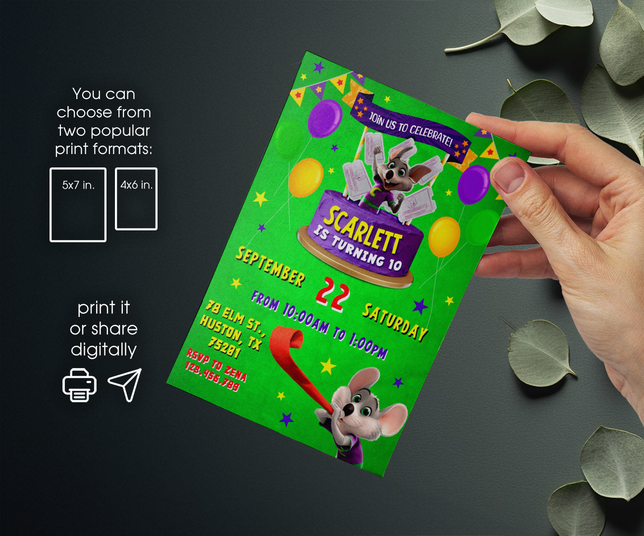 Chuck E. Cheese customizable invitation template | Share or Print | GG221