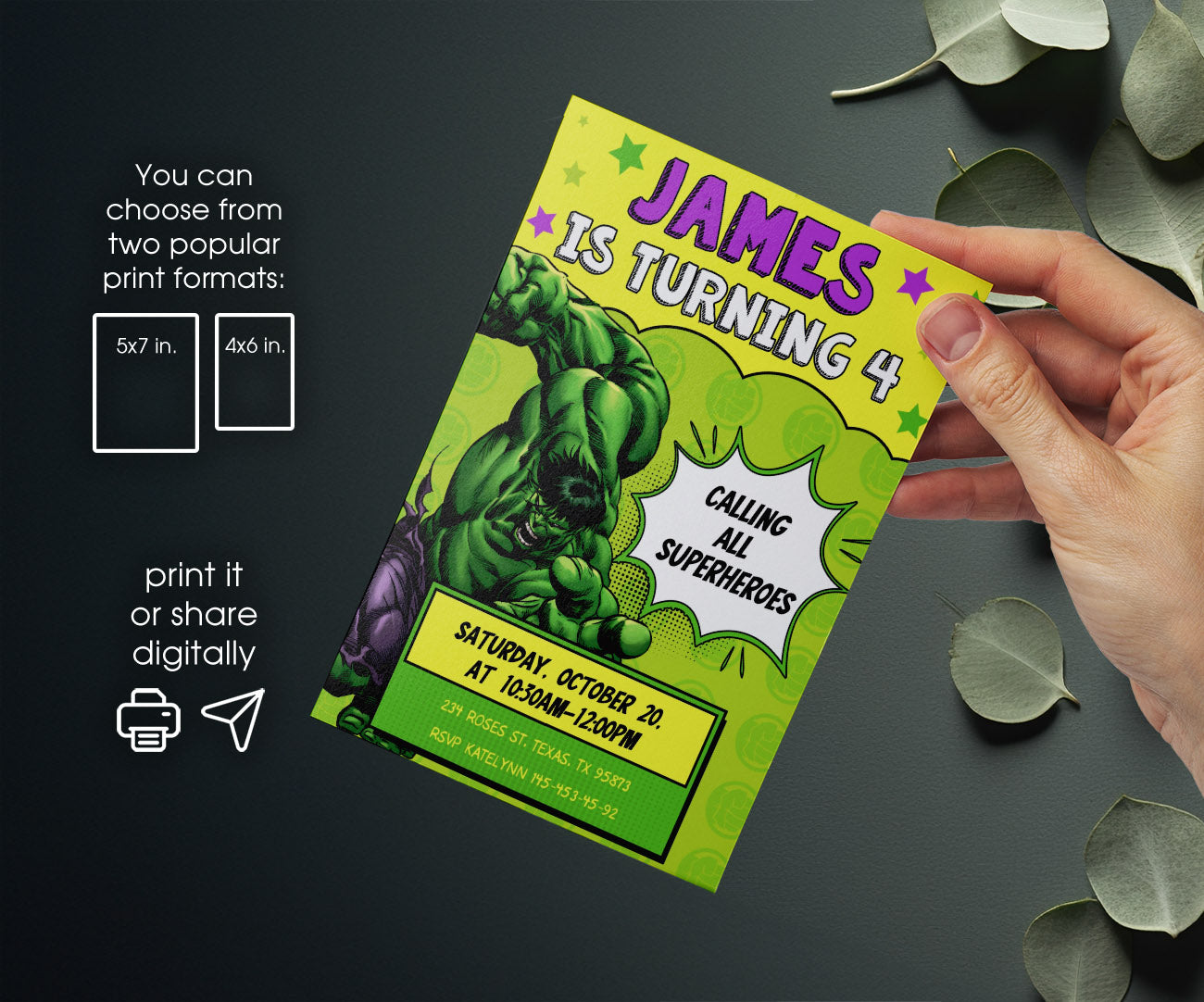 Hulk The Avengers Marvel Superhero customizable invitation template | Share or Print | boy | FA630