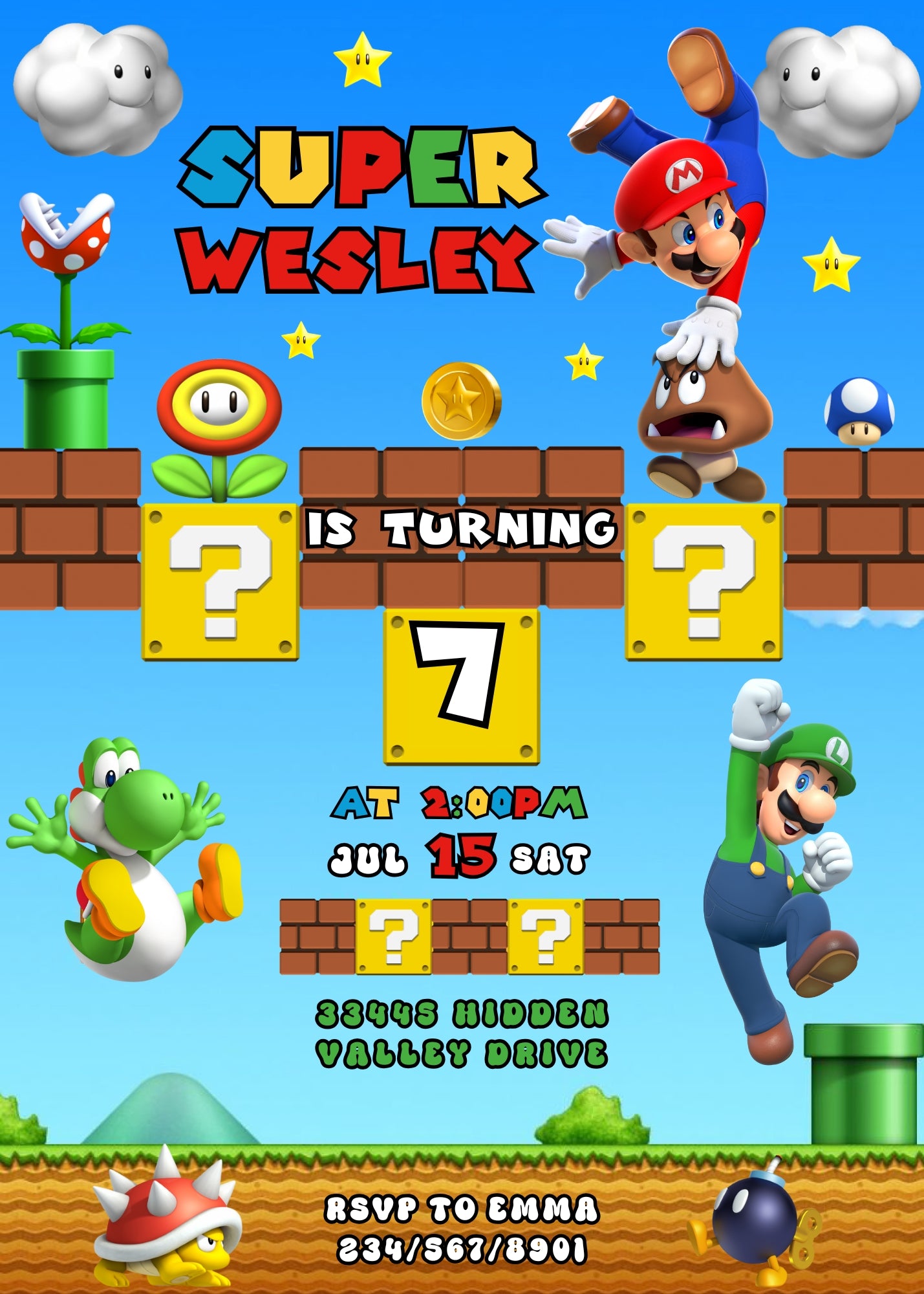 Super Mario Bros customizable invitation template | Share or Print | FE283