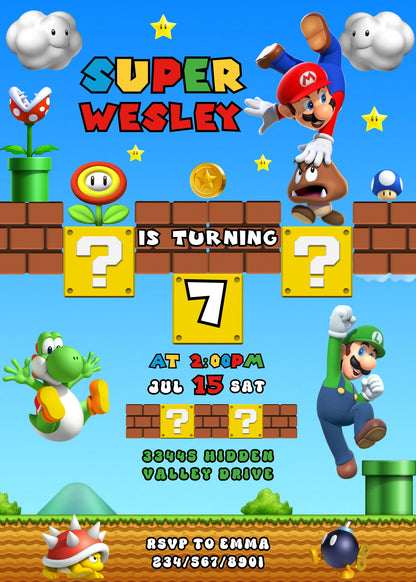 Super Mario Bros customizable invitation template | Share or Print | FE283