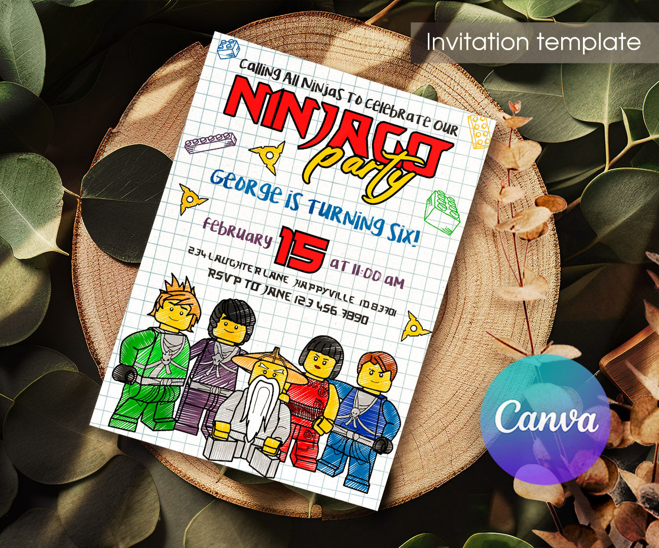 Ninjago Minifigures Lego customizable invitation template | Share or Print | NT818