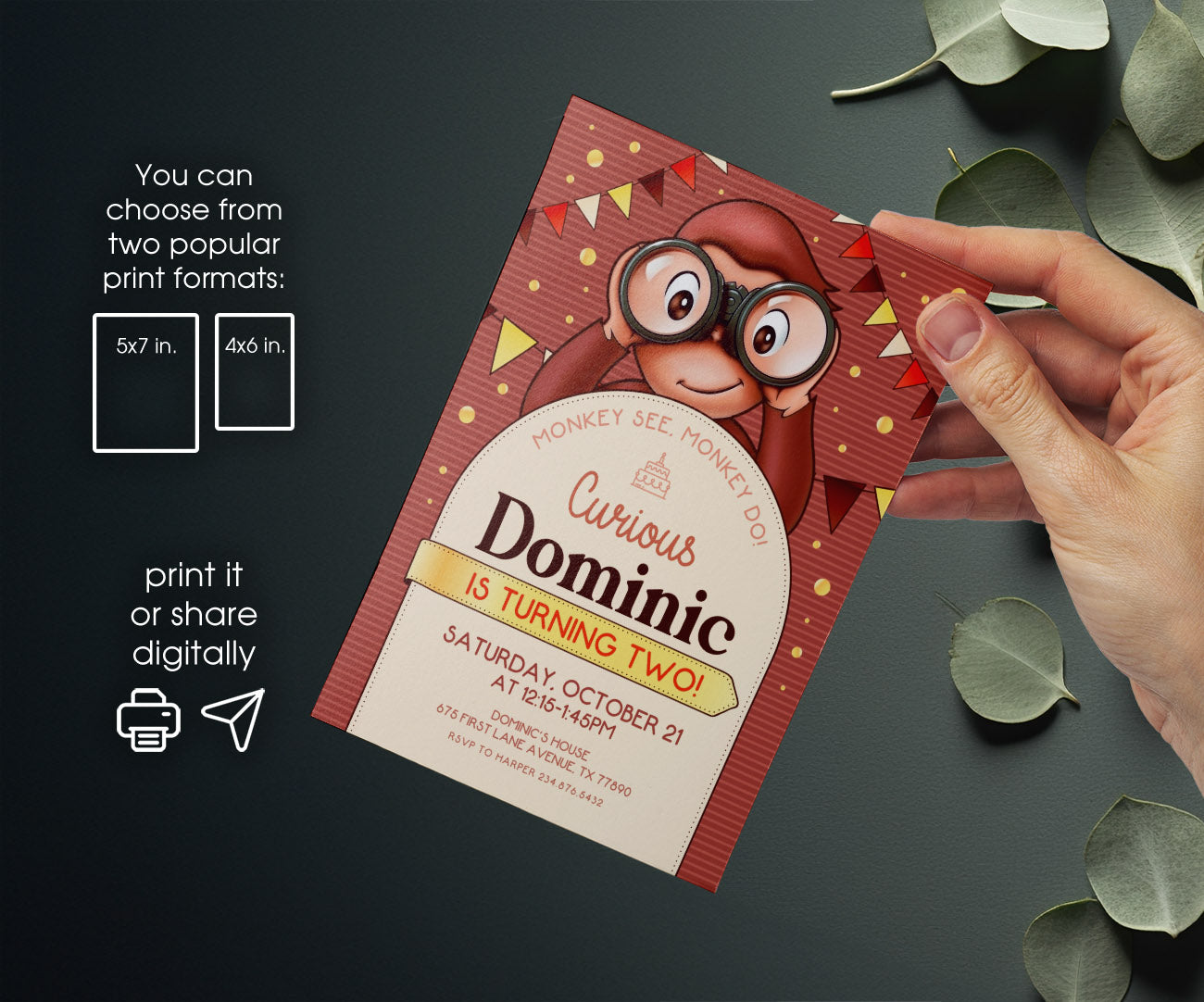 Curious George Monkey customizable invitation template | Share or Print | ZL252