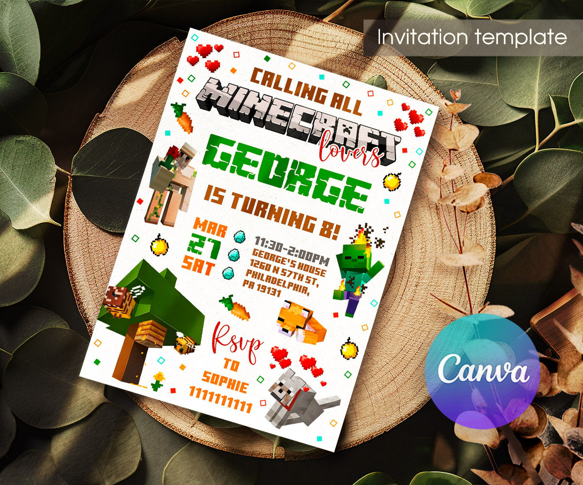 Minecraft Gamer customizable invitation template | Share or Print | WS410