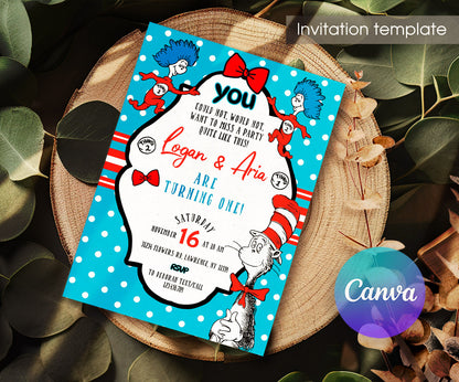 Dr Seuss The Cat in the Hat Twins customizable invitation template | Share or Print | OD424