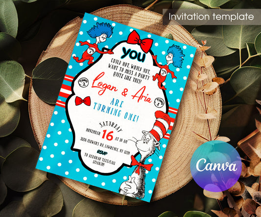 Dr Seuss The Cat in the Hat Twins customizable invitation template | Share or Print | OD424