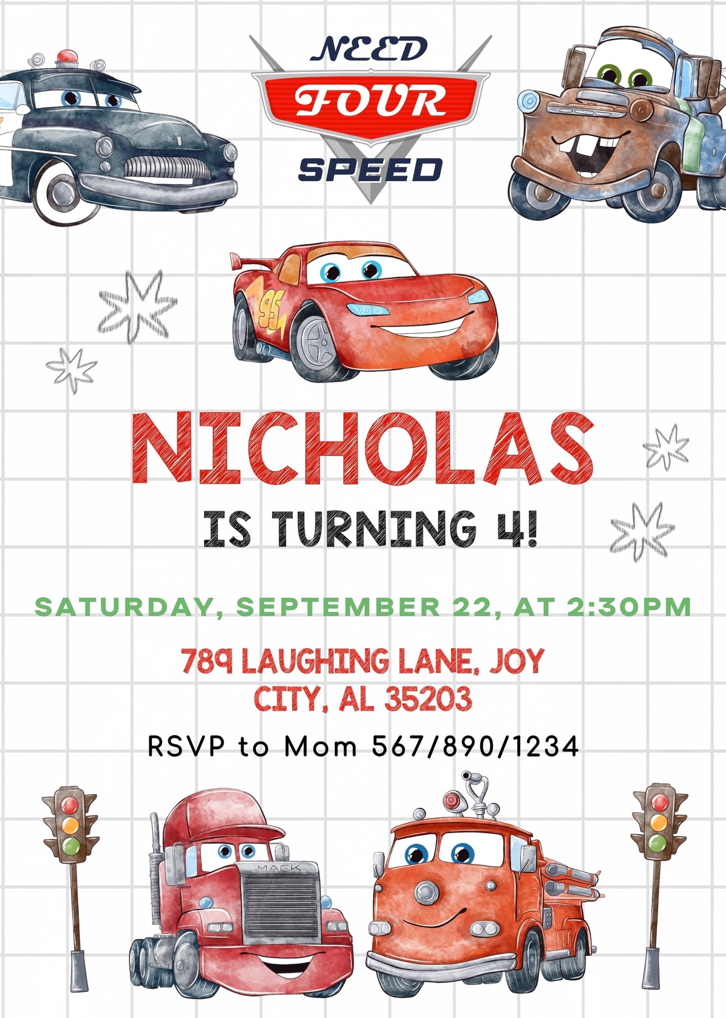 Cars Lightning Mcqueen Four customizable invitation template | Share or Print | boy | LT295