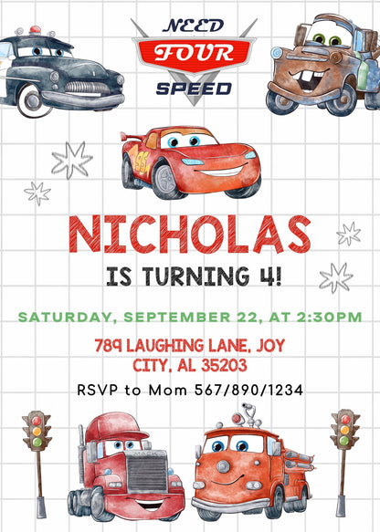 Cars Lightning Mcqueen Four customizable invitation template | Share or Print | boy | LT295