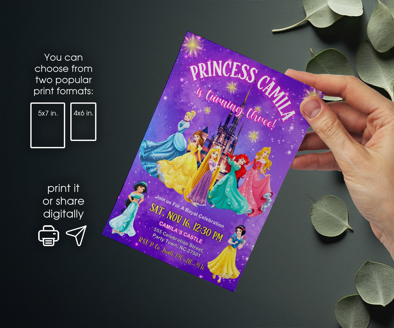 Disney Princess customizable invitation template | Share or Print | girl | HU798