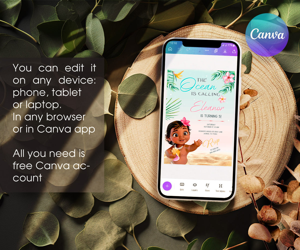 Moana Princess customizable invitation template | Share or Print | girl | NC247