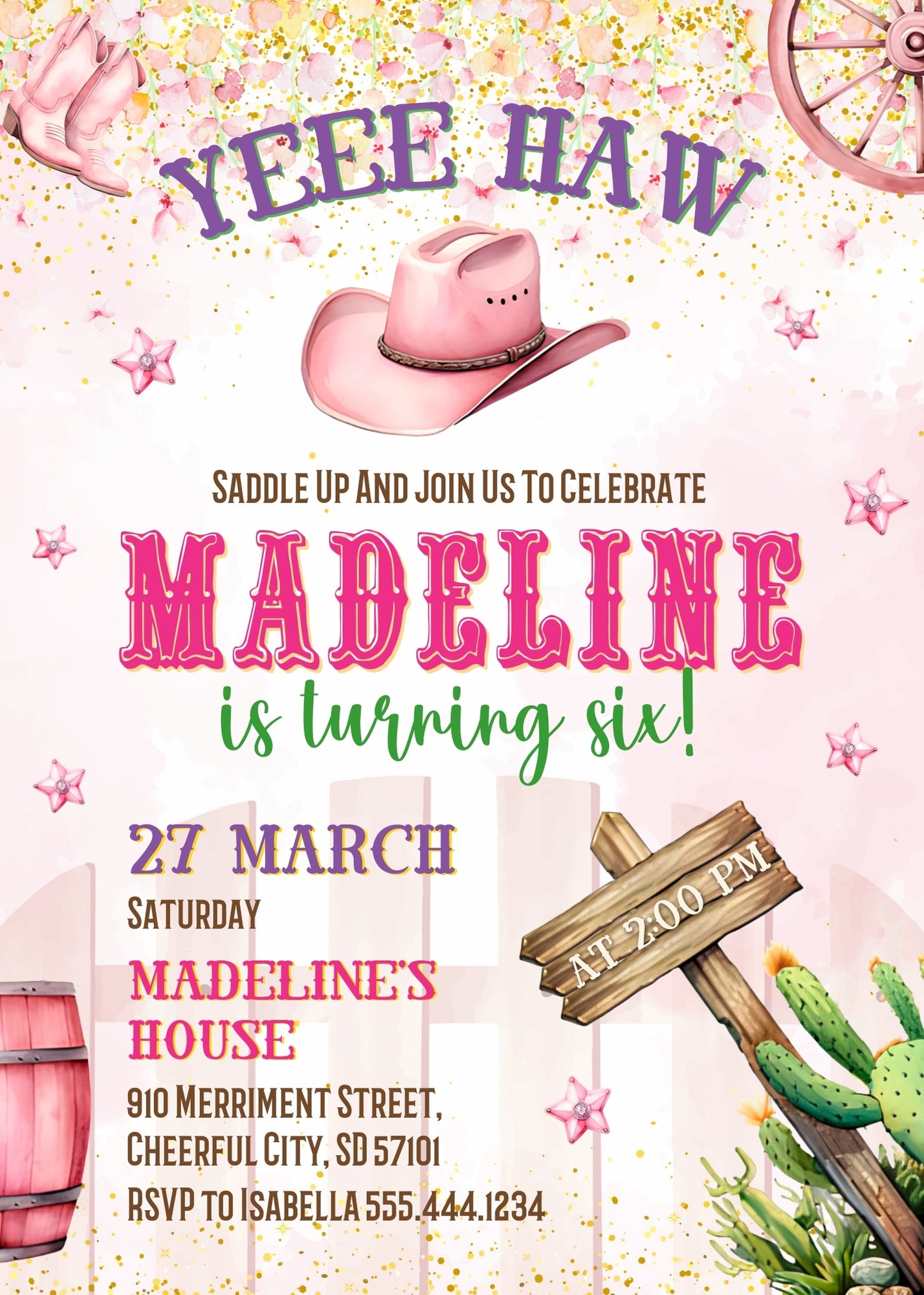 Cowgirl Pink Rodeo customizable invitation template | Share or Print | girl | YI835