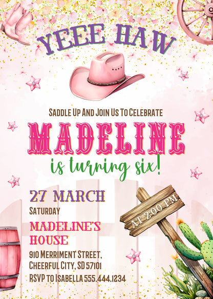 Cowgirl Pink Rodeo customizable invitation template | Share or Print | girl | YI835