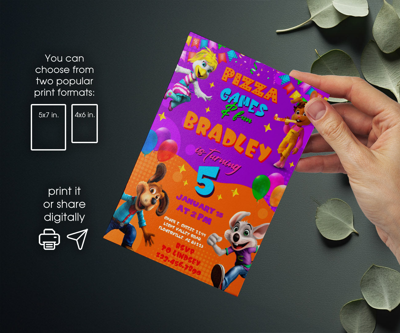 Chuck E. Cheese customizable invitation template | Share or Print | EB878