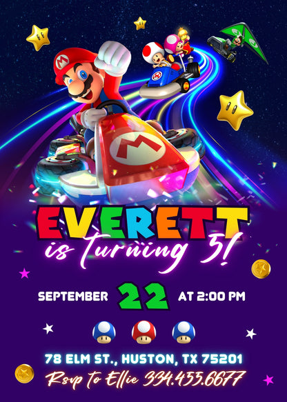 Mario Kart Gamer customizable invitation template | Share or Print | boy | GB068