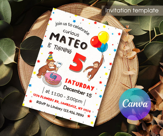 Curious George Monkey customizable invitation template | Share or Print | KM002