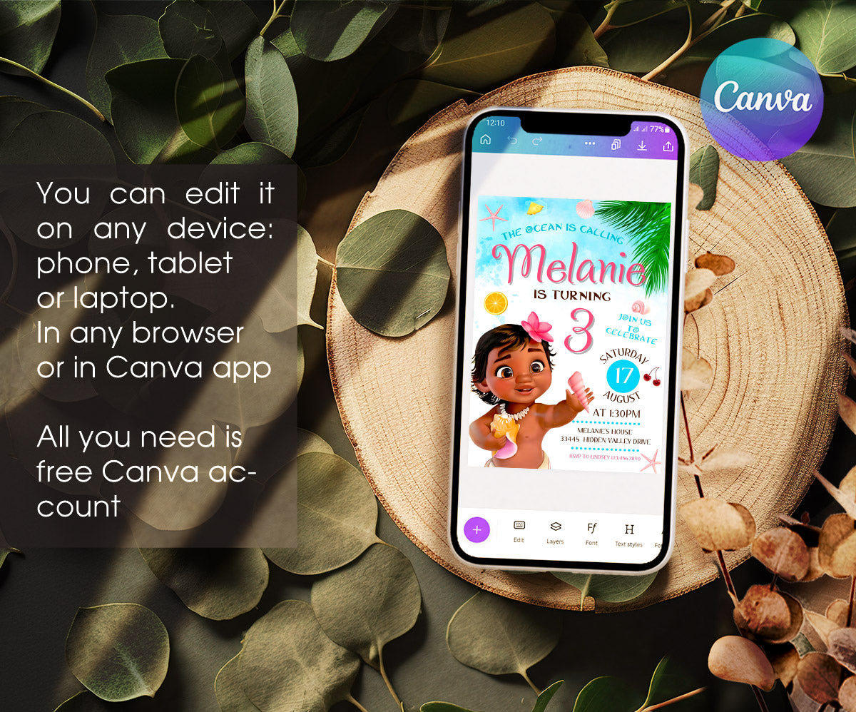 Moana Princess customizable invitation template | Share or Print | girl | JA283