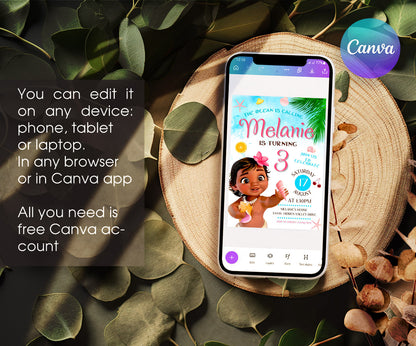 Moana Princess customizable invitation template | Share or Print | girl | JA283
