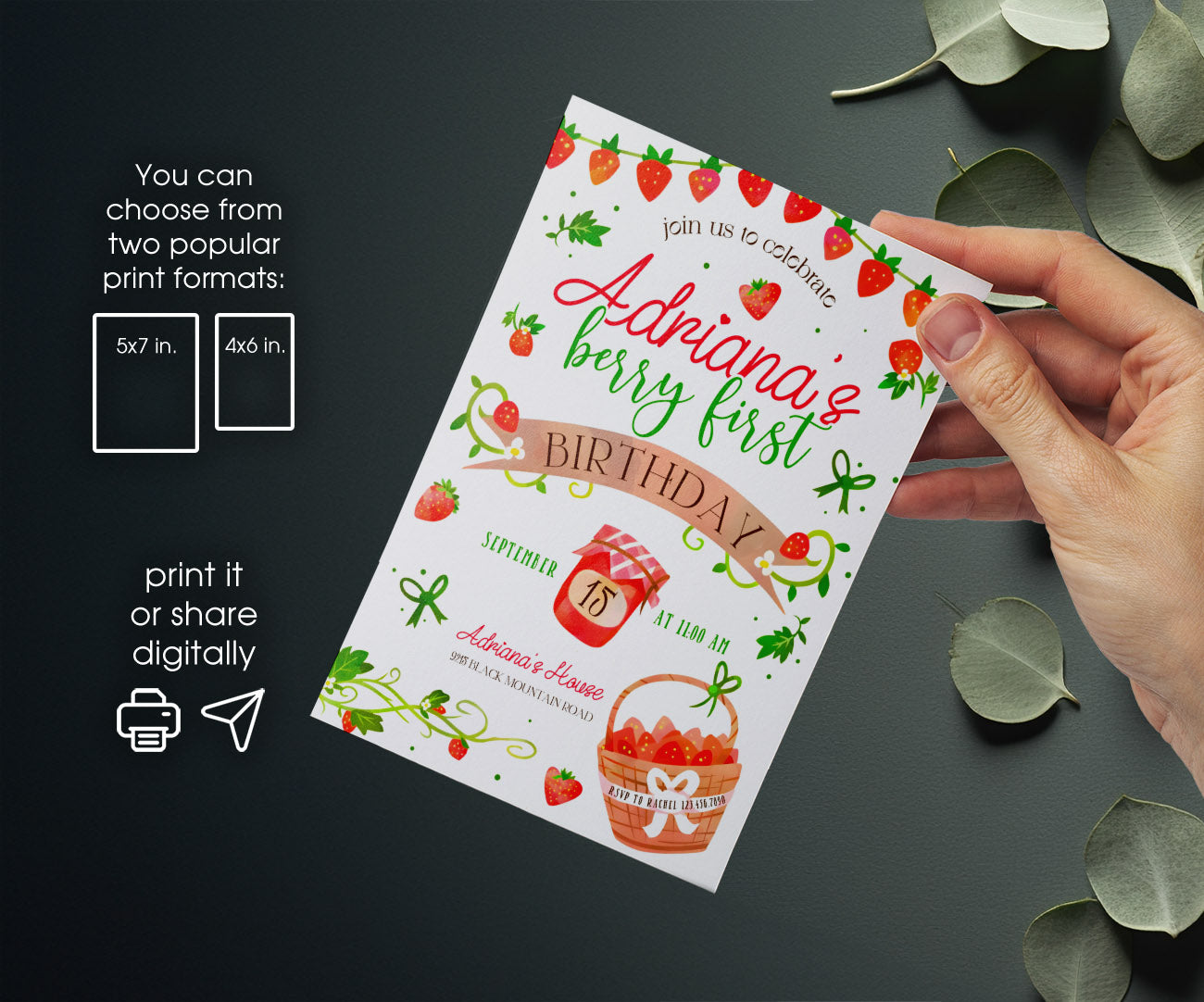 Berry First Birthday customizable invitation template | Share or Print | girl | LP089