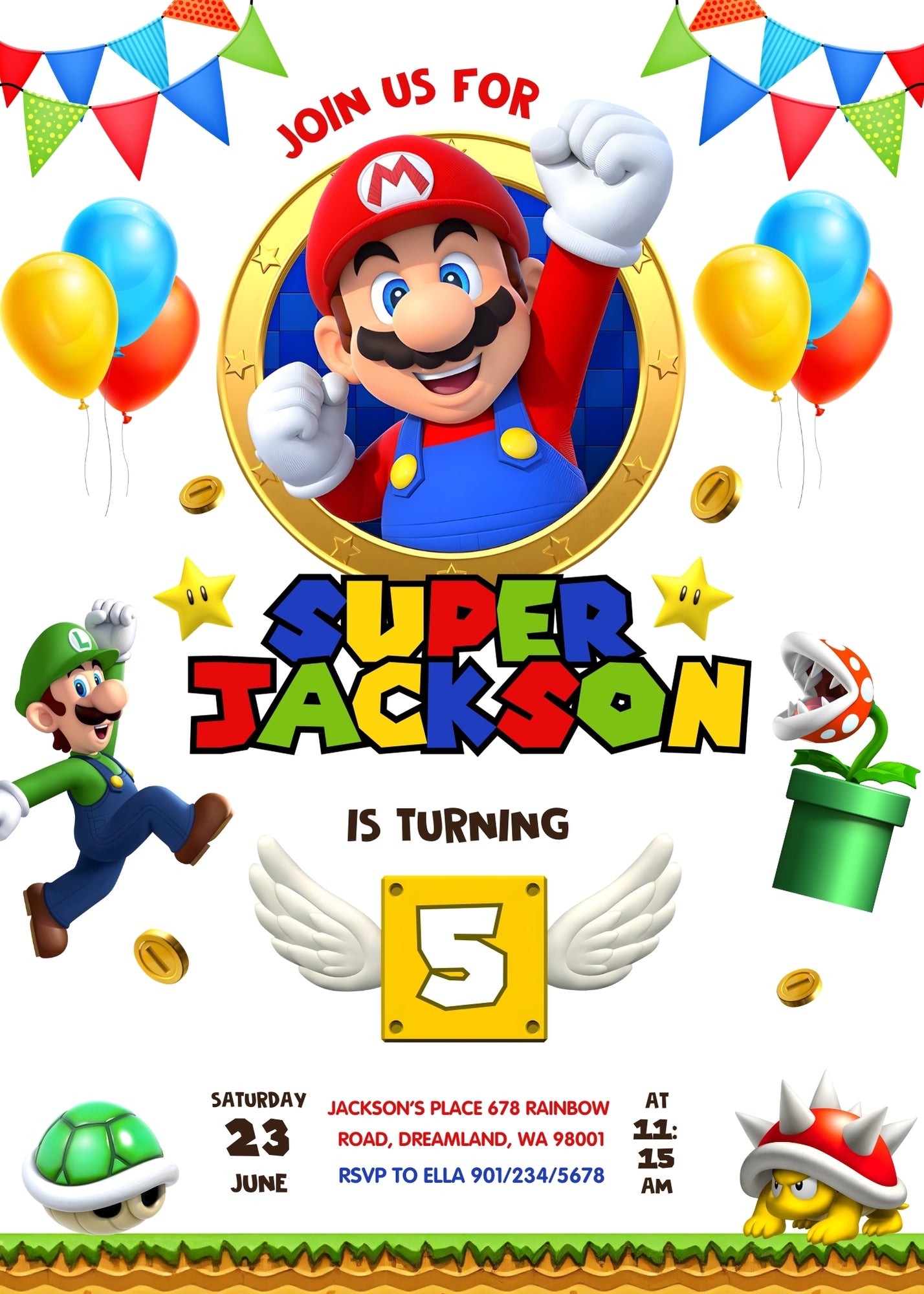 Super Mario Bros customizable invitation template | Share or Print | BH342