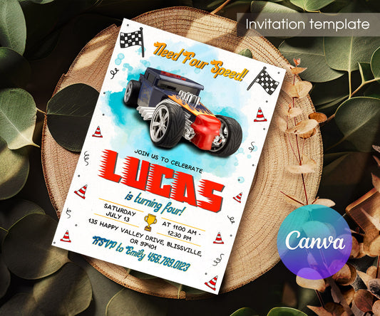 Hot Wheels Need Four Speed customizable invitation template | Share or Print | boy | CA585